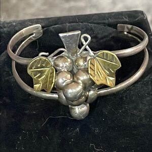 Vintage brass sterling silver grape leaf cluster cuff bracelet